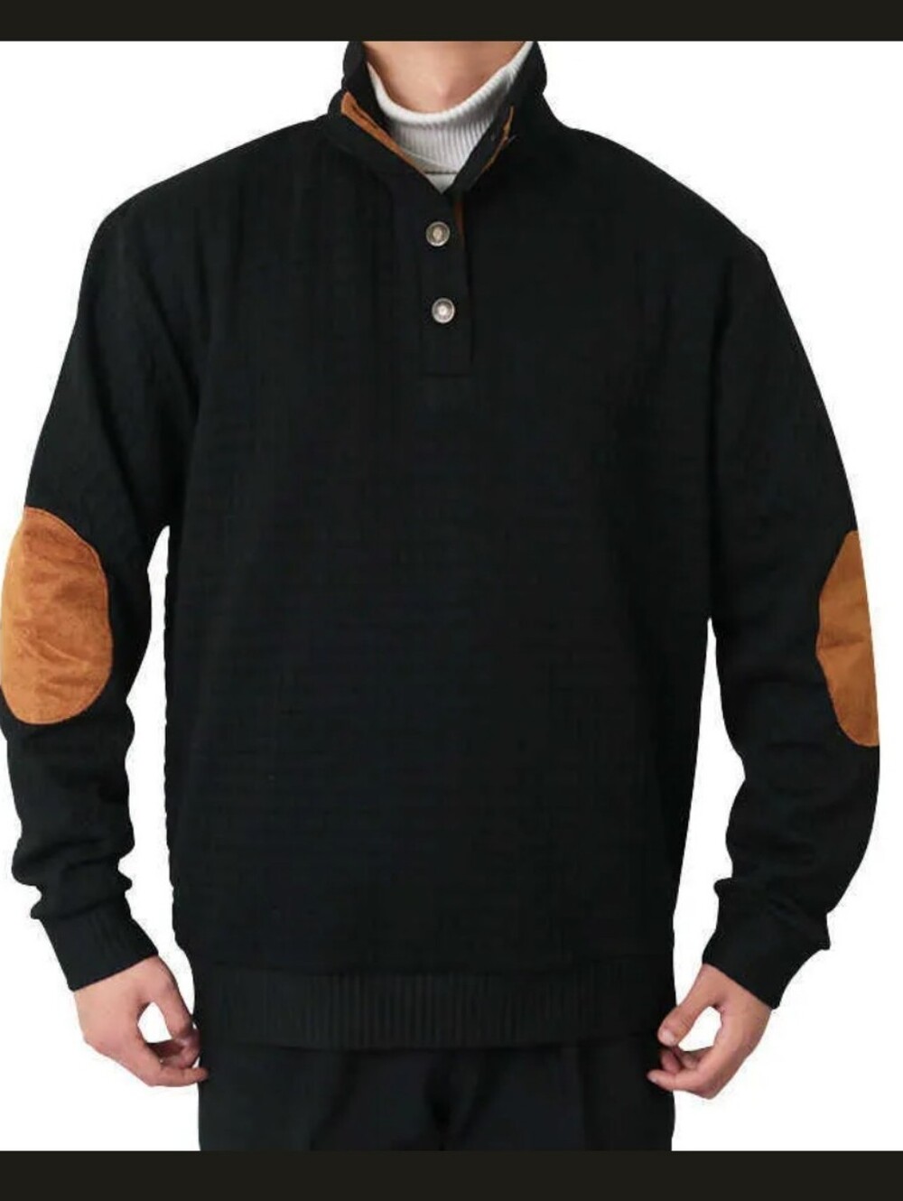 Hengsheng Men's Black Corduroy Long Sleeve Shirt with Brown Elbow Patches. XXL